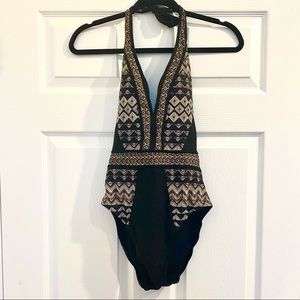 Red Carter Swim Black and Gold Pattern Suit